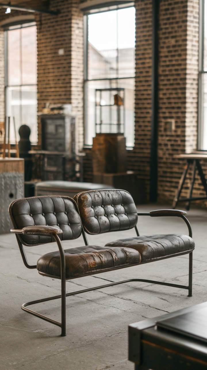 Raw urban grit meets refined comfort. This vintage industrial sofa, a masterpiece of distressed upholstery and sturdy metal, anchors a loft space brimming with reclaimed wood and exposed brick, a testament to industrial-chic design.