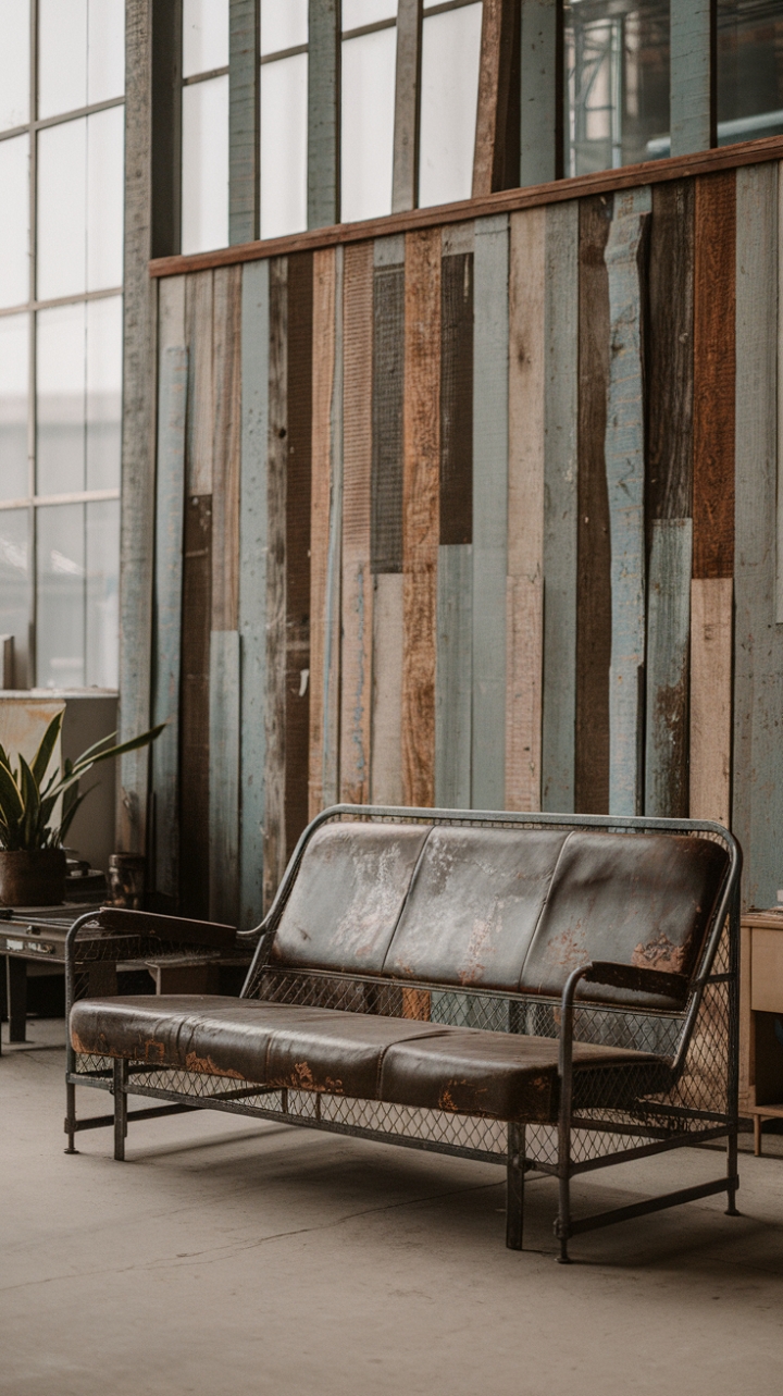 Imagine sinking into this effortlessly stylish sofa, its worn texture whispering tales of industrial chic. The reclaimed wood wall adds depth and character, creating a loft-inspired haven that's both sophisticated and undeniably cool. A perfect blend of vintage grit and modern minimalism.