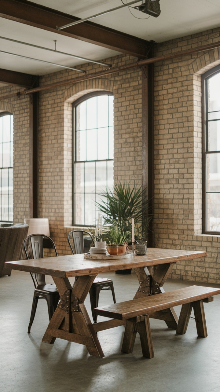 Ready to bring rustic charm to your urban oasis? This reclaimed wood dining table, a vintage farmhouse dream, anchors a loft space brimming with exposed brick and steel beams. The perfect blend of industrial edge and cozy warmth.