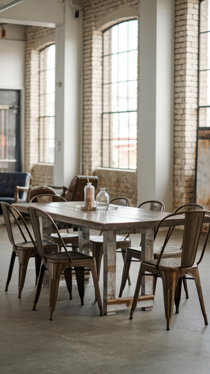 Raw, refined, and undeniably chic. This industrial-chic dining space boasts a reclaimed wood table, its distressed finish whispering tales of time, anchored by sleek steel chairs. Exposed brick and polished concrete floors complete the urban sanctuary.