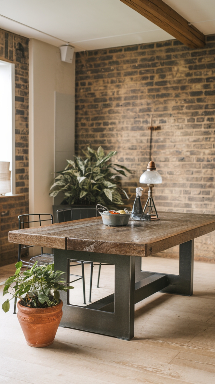 A symphony of textures and rustic elegance. This farmhouse dining setting, anchored by a reclaimed wood table and steel base, is a testament to timeless design. Exposed brick walls and a simple terracotta pot add a touch of organic beauty, creating a space that's both inviting and stylish.