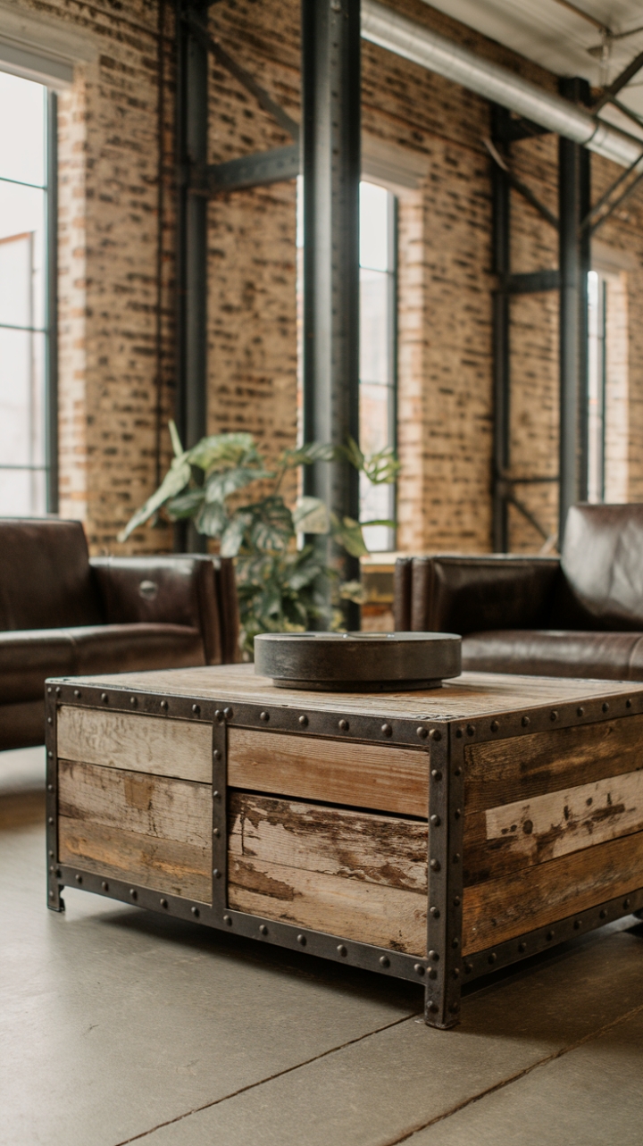 Ready to infuse your space with raw, urban charm? This reclaimed wood and metal coffee table is the perfect blend of rustic and industrial, its weathered top telling a story of time and craftsmanship, perfectly complemented by the exposed brick and steel beams of its modern setting.