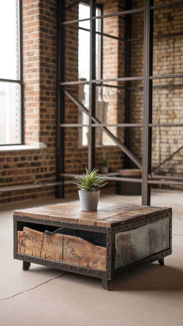 Ready to infuse your space with raw, industrial charm? This reclaimed wood and metal coffee table, showcasing the beauty of time-worn textures and a minimalist aesthetic, is the perfect centerpiece for a loft or any space craving authentic character. The visible cracks and weathered edges tell a story, while the potted plant adds a touch of organic life, perfectly complementing the exposed brick and metal framework.