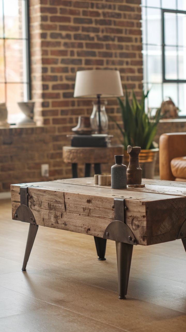 Ready to infuse your space with raw, urban charm? This reclaimed wood coffee table, perched atop a sleek metal base, boasts a rustic-industrial design that's both strikingly modern and wonderfully vintage. The distressed wood's natural knots and grooves tell a story, perfectly complementing the exposed brick backdrop and hinting at the unique character within.