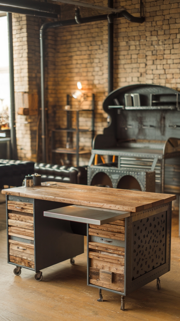 Imagine yourself crafting your next masterpiece in this captivating setting: a vintage metal workbench stands proudly beside a beautifully weathered desk, all nestled within a loft space brimming with character. The exposed brick and warm lighting create an atmosphere that's both inspiring and incredibly comfortable.