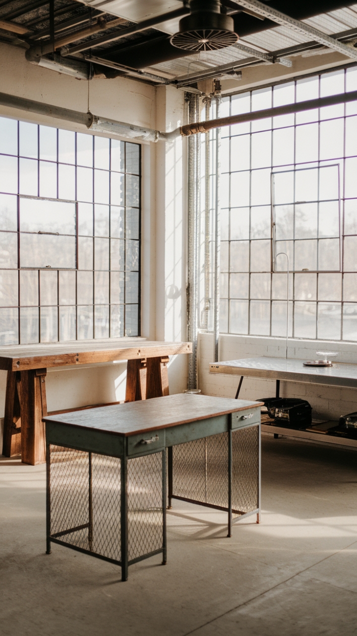 Sunlight streams into this airy industrial haven, illuminating a trio of work surfaces: a vintage metal-framed desk, a rustic reclaimed wood table, and a utilitarian steel workbench. Concrete floors and exposed industrial elements create a backdrop of raw, textured beauty, perfect for inspiring creativity.