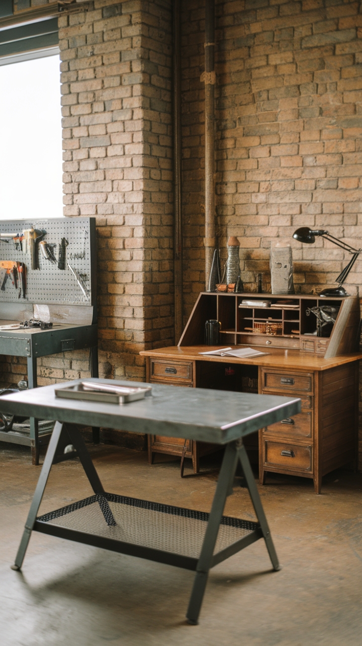 Craving a workspace that's as inspiring as it is functional? This image captures the essence of industrial chic: a vintage wood desk anchors the space, its rich patina a captivating contrast to the cool steel of a nearby table. Exposed brick and loft-style furnishings create a backdrop of raw, urban texture, while a metal workbench adds a touch of authentic workshop character. The overall effect? A space that's both stylish and undeniably productive.