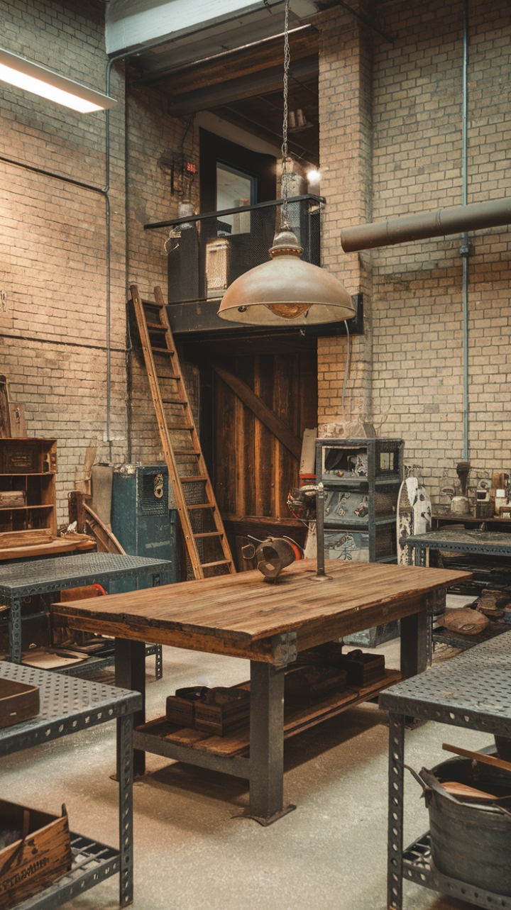 Reclaimed wood meets raw brick in this vintage industrial haven. A symphony of textures—worn wood, aged metal, and exposed brick—creates a workspace brimming with rustic charm and undeniable character. The vintage pendant lamp casts a warm glow, illuminating the scene's captivating details, from the weathered wooden crate to the sturdy metal workbench. A ladder ascends to a hidden loft, hinting at further industrial chic awaiting discovery.
