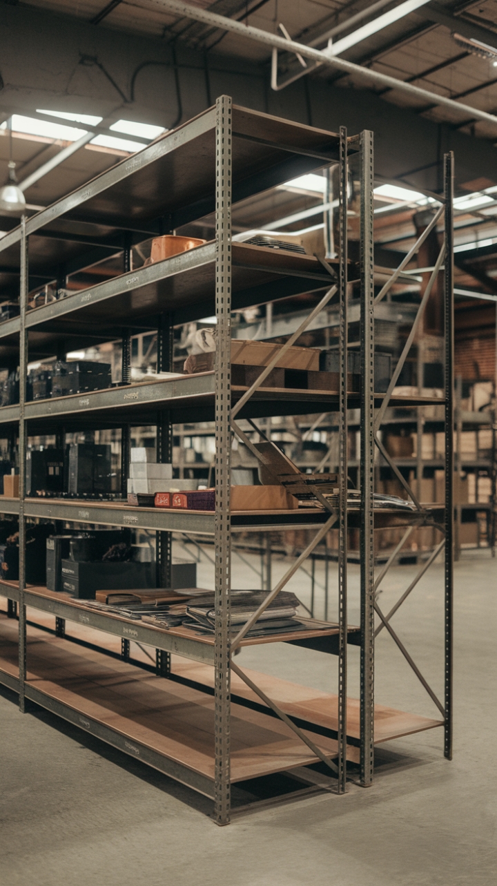 Love the look of reclaimed industrial chic? This isn't just storage; it's a design masterpiece. Picture this robust metal shelving unit, its aged steel a testament to time and hard work, proudly displayed in your home. The multiple shelves, filled with curated treasures (or waiting to be filled!), add a layer of lived-in charm, while the warehouse-inspired setting hints at the unit's rich history and enduring appeal. It's the perfect blend of form and function, ready to transform any space.