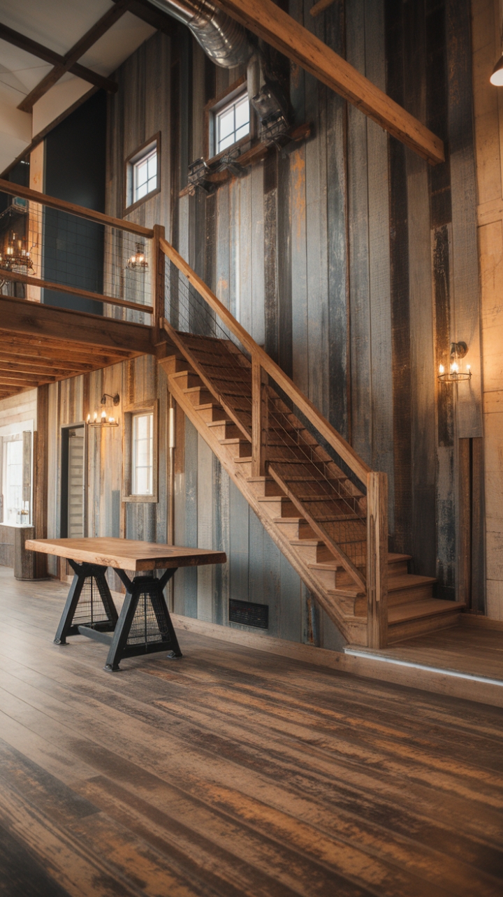 Rustic charm meets industrial edge in this breathtaking farmhouse. Reclaimed wood walls whisper tales of time gone by, while a loft-style layout and metal accents add a touch of modern grit. Warm lighting casts a cozy glow on the worn wood floors, creating an inviting space where vintage aesthetics and contemporary design beautifully collide.