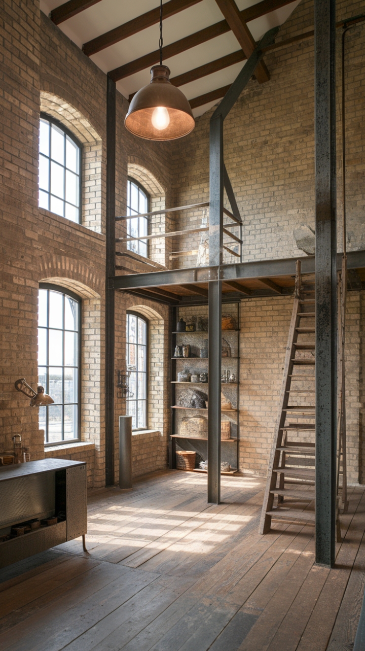 Imagine waking up in this sun-drenched haven, where the warmth of reclaimed wood and the cool gleam of metal create a captivating contrast. High ceilings and exposed brick walls whisper tales of history, while the vintage lighting and rustic ladder add character and undeniable style. This is more than just a home; it's a statement.