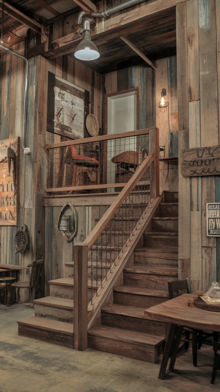 Reclaimed wood walls whisper tales of bygone eras in this rustic-industrial farmhouse, where a vintage aesthetic reigns supreme. Metal accents and a soaring wooden staircase add a touch of rugged elegance, while antique finds and a concrete floor ground the space in raw, authentic charm. The overall effect? A captivating blend of old-world warmth and modern industrial cool.