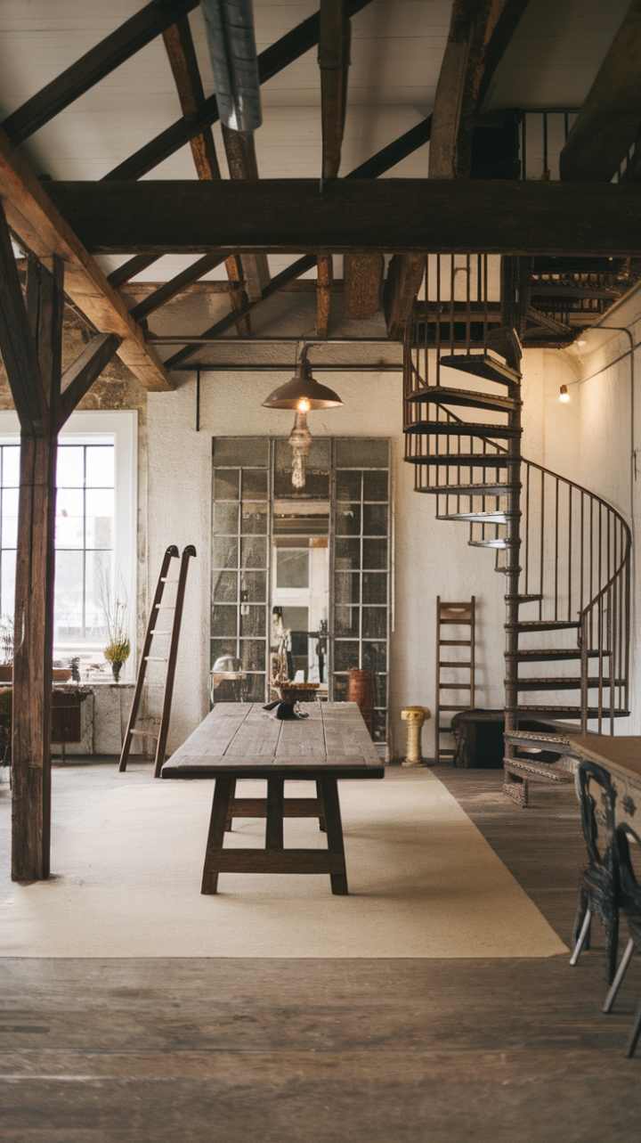 Raw industrial elements—exposed beams and a striking metal staircase—play beautifully against the warmth of reclaimed wood and antique accents in this breathtaking farmhouse loft. A grand vintage table commands attention in the heart of the space, surrounded by a curated collection of mirrors, ladders, and vintage lighting, creating a truly unique and inviting atmosphere.