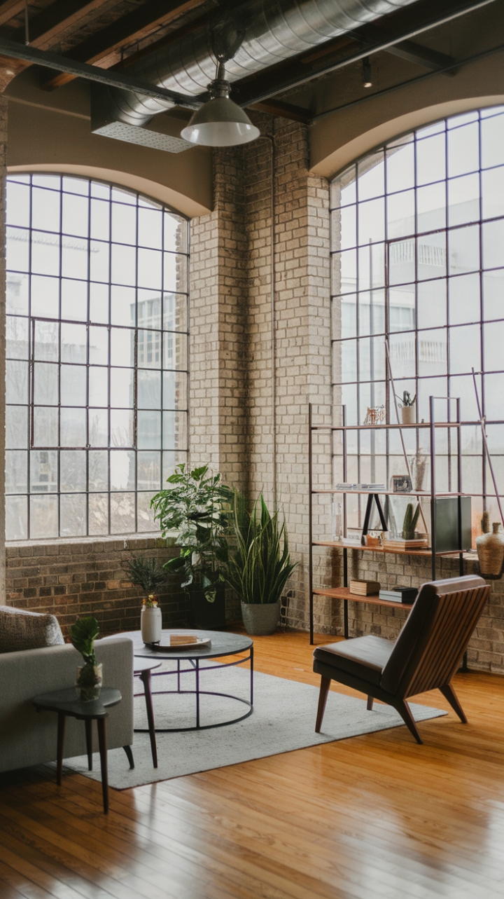 This industrial-style loft is a masterclass in urban sophistication. High ceilings and expansive windows flood the space with natural light, highlighting the raw beauty of the exposed brick and the sleek lines of the minimalist furniture. Metal fixtures and carefully chosen greenery complete the look, creating a haven of cool, contemporary style.