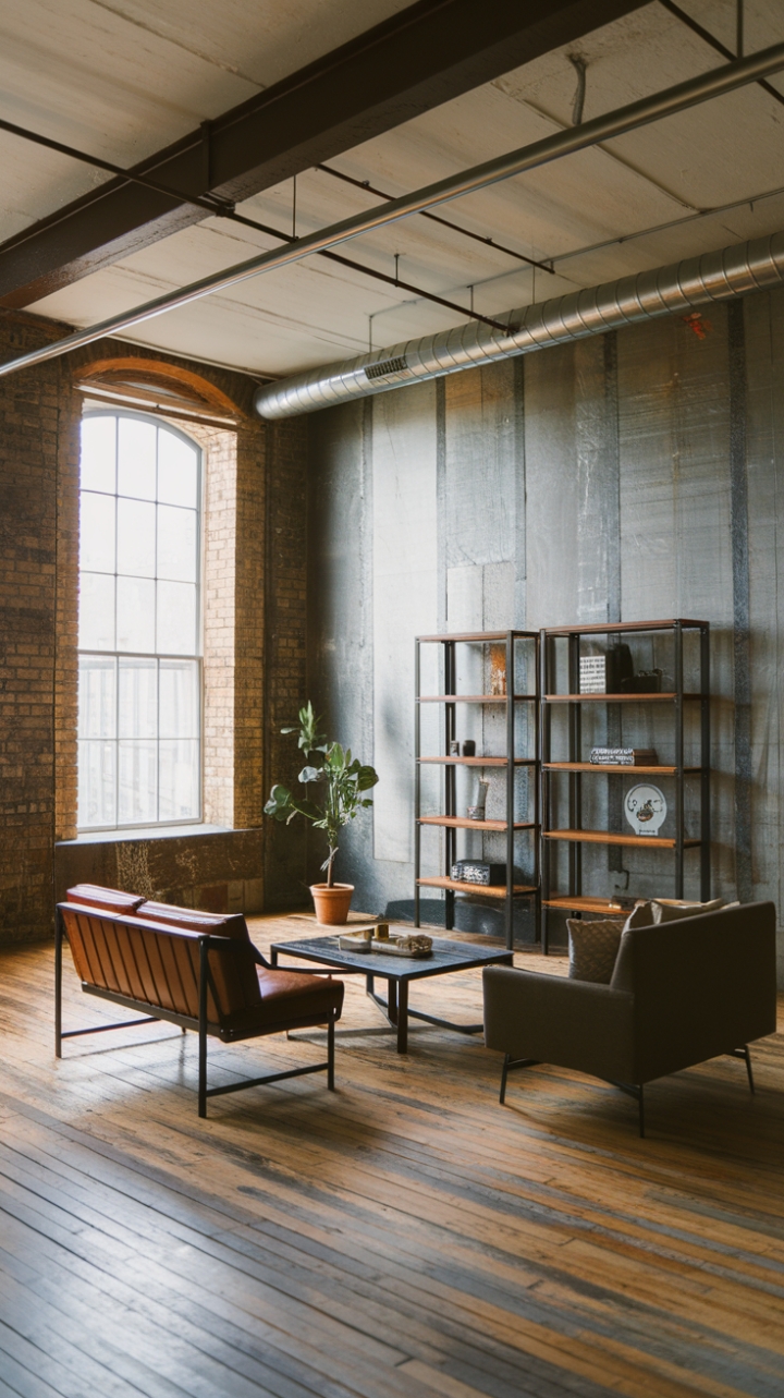 Ready to fall for raw, urban elegance? Exposed brick whispers stories of the past, while reclaimed wood floors and sleek metal accents create a modern haven. This industrial chic loft is minimalist perfection—a sanctuary of style where vintage charm meets contemporary cool.