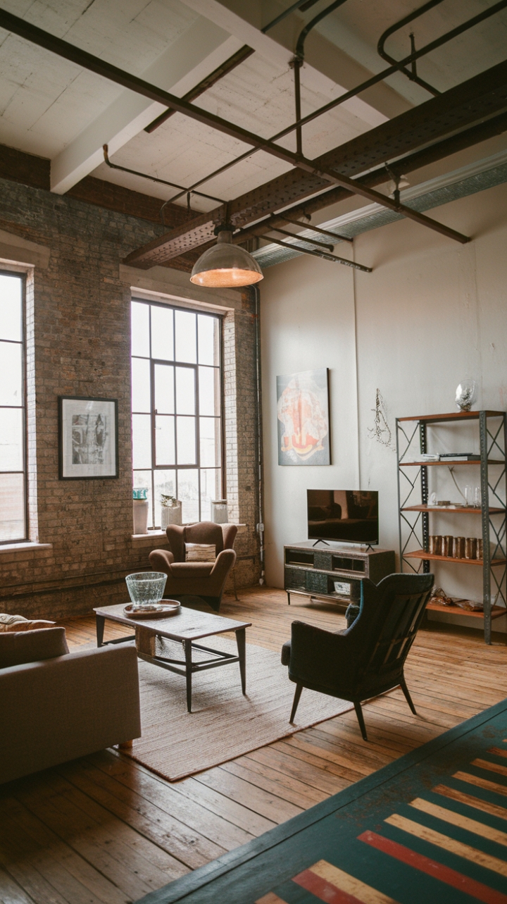 High ceilings and abundant natural light amplify the spaciousness of this converted warehouse, now a stunning testament to the beauty of reclaimed materials and vintage industrial design. The interplay of textures—rough brick, smooth wood, cool metal—creates a captivating visual symphony, proving that industrial style can be both bold and inviting.