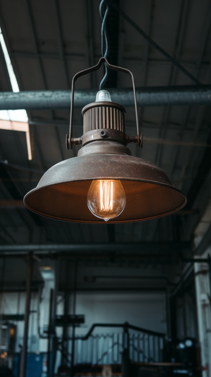 Ready to infuse your space with raw, industrial charm? This vintage lighting fixture, captured in a dimly lit warehouse setting amongst exposed pipes and machinery, speaks volumes of character. Its rustic metal frame and exposed bulb cast a captivating glow, promising a unique ambiance for any room.