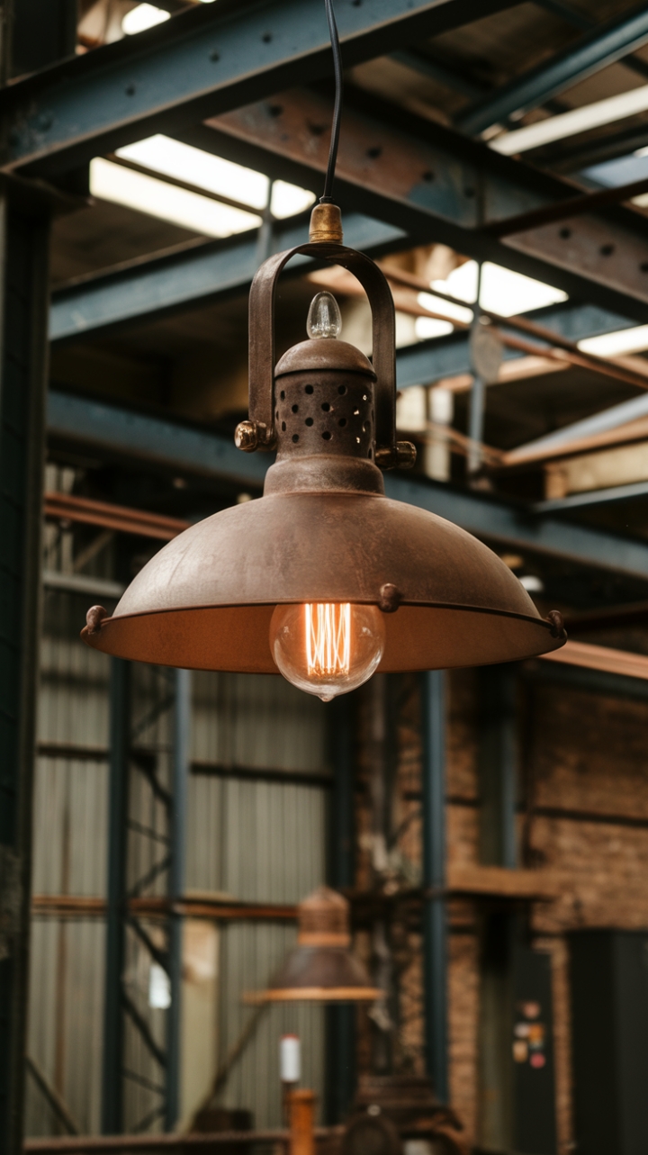 Ready to transport your space to a bygone era of industrial chic? This vintage lighting fixture, a masterpiece of rustic metal and steampunk design, hangs proudly in a warehouse setting, its exposed bulb casting a warm, nostalgic glow against the backdrop of brick and steel.