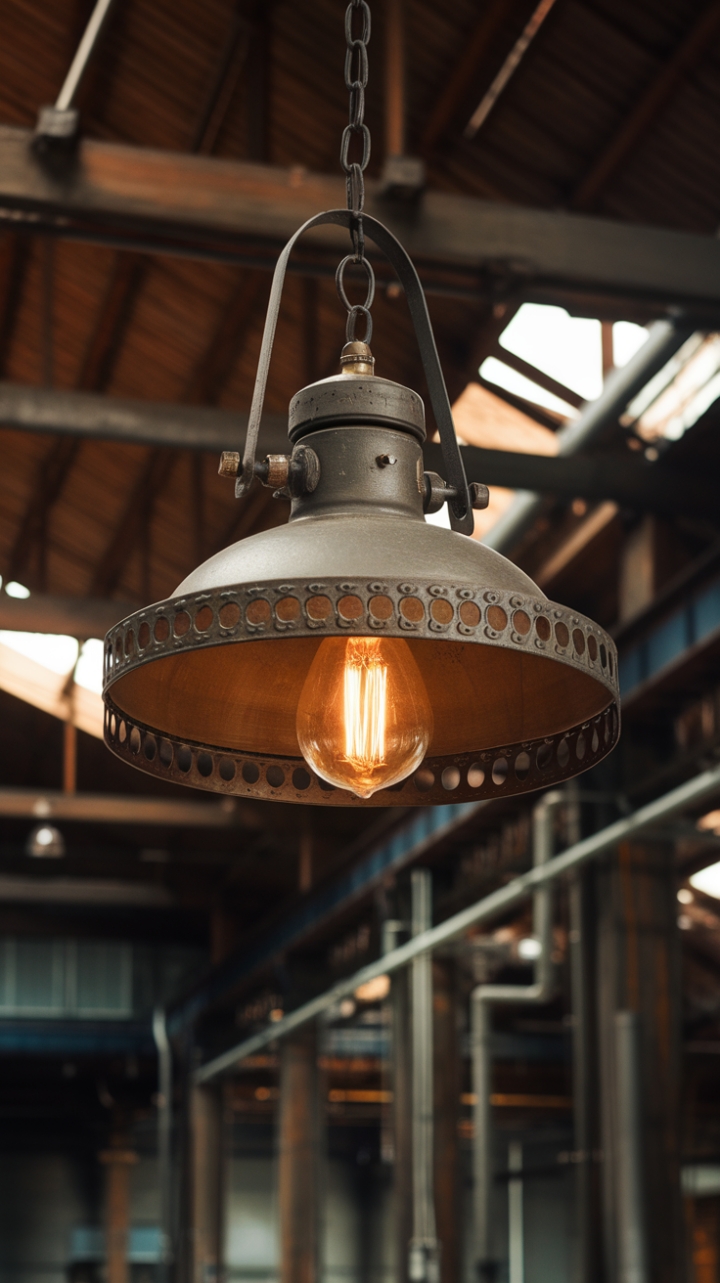 Ready to transform your space with raw, industrial charm? This vintage pendant, a symphony of metal and warm light, hangs like a forgotten masterpiece in a reclaimed warehouse. Its circular pattern casts a captivating glow, perfectly complementing the rustic wooden beams and exposed pipes. Imagine it anchoring your dining room or adding a touch of gritty elegance to your living area.