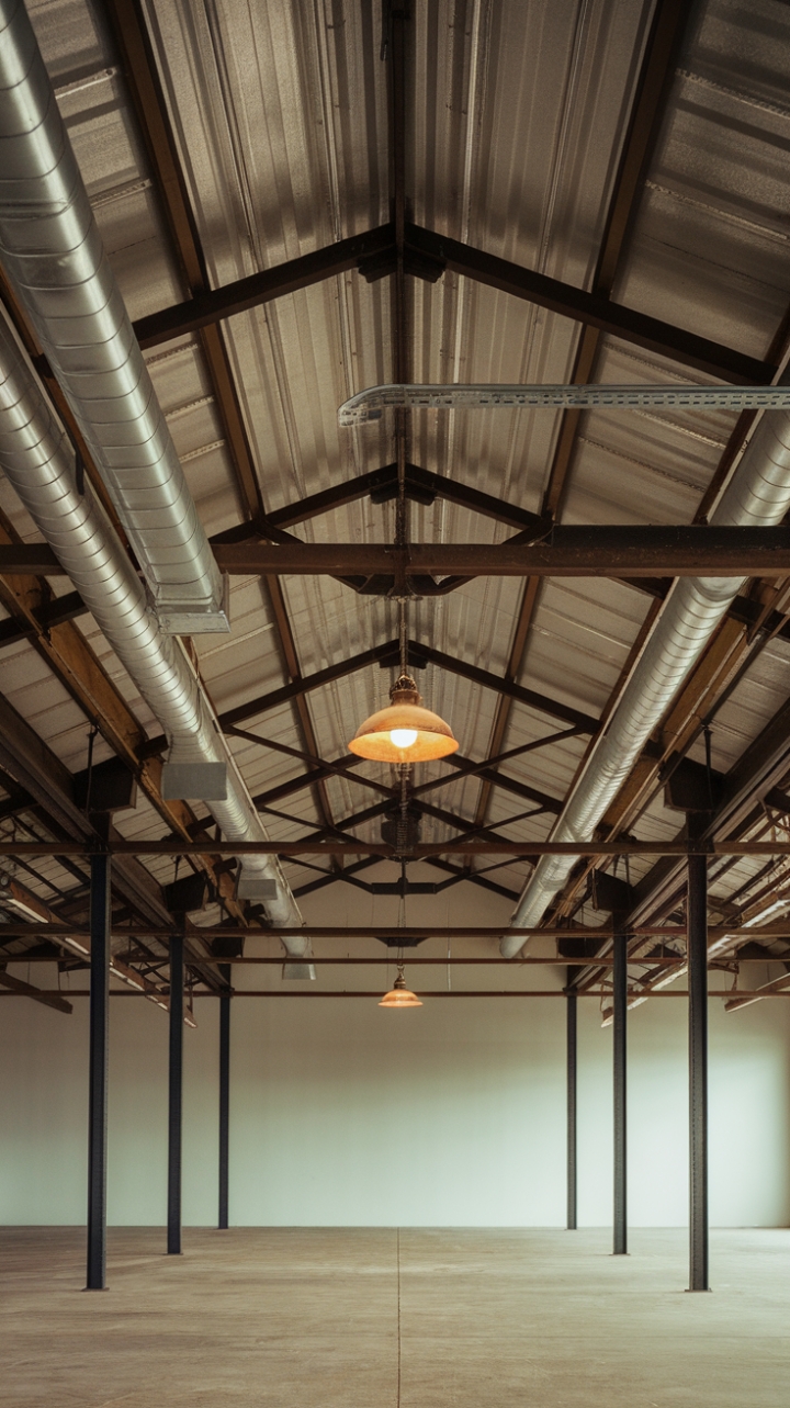 Ready to unleash your inner industrial chic? This soaring ceiling, a masterpiece of exposed beams, raw metal, and vintage lighting, sets the stage for a space that's both bold and breathtaking. The concrete floor adds a grounding element, creating a dynamic contrast that's undeniably captivating.
