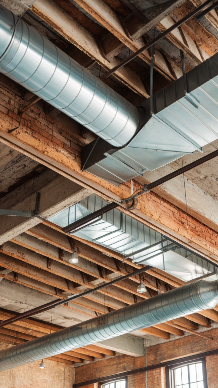 Fall head over heels for this captivating industrial ceiling—a symphony of textures and tones where rustic charm meets modern edge. Weathered wood beams, exposed brick, and sleek metal ducts dance together in a captivating ballet of design, promising a space as unique as you are.