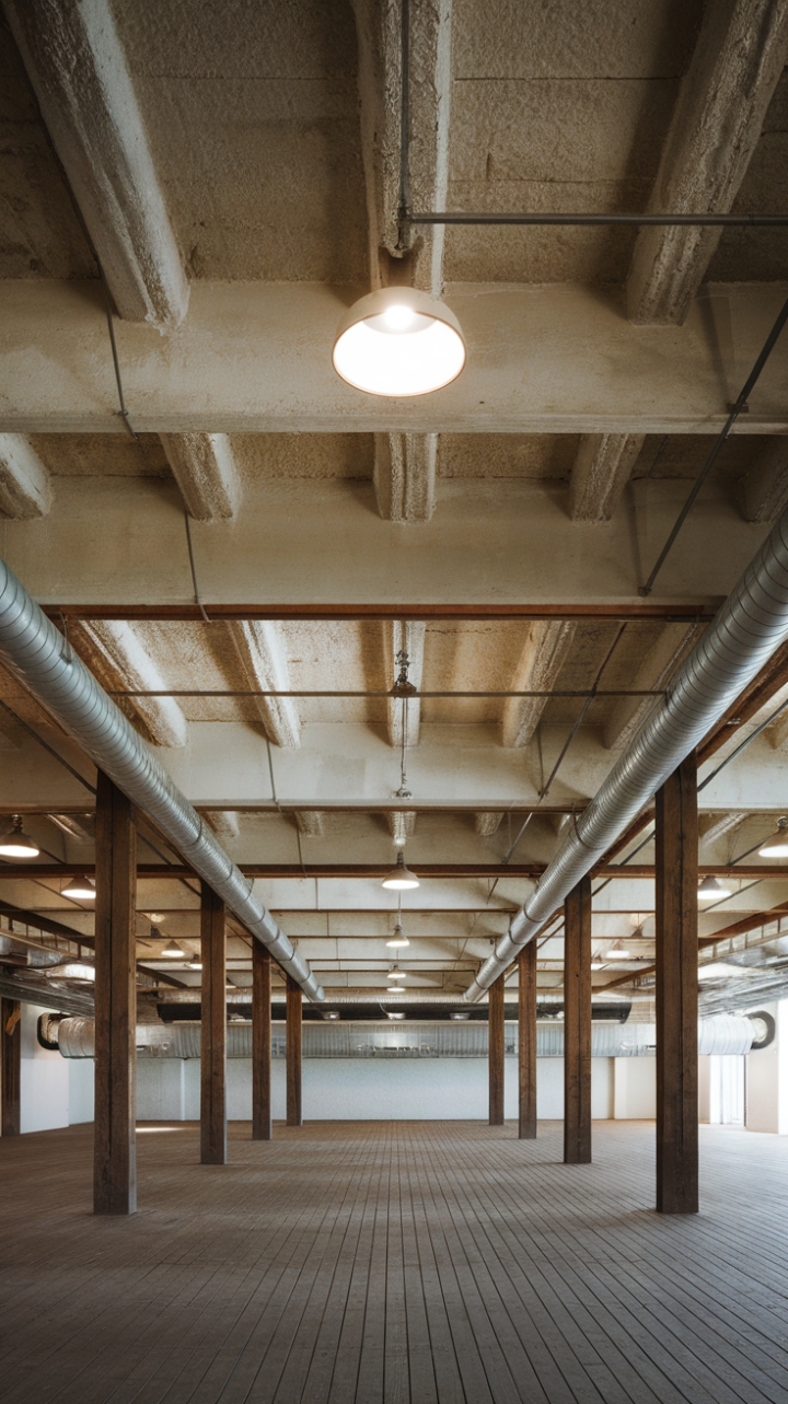 Imagine the possibilities! This breathtaking industrial ceiling, complete with exposed ductwork and warm wooden supports, creates a dramatic focal point. The bright lighting and wide-plank wood flooring add a touch of unexpected warmth to this otherwise edgy space.