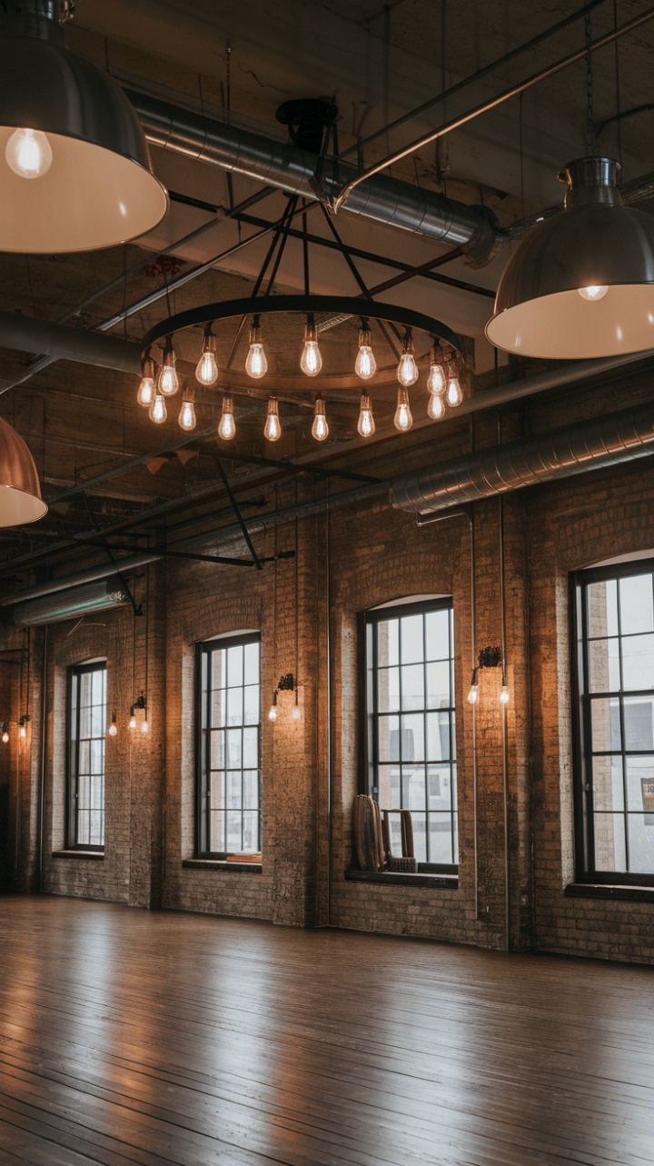 Raw urban grit meets refined industrial chic in this breathtaking loft. Exposed brick, soaring ceilings, and a symphony of metallic pendant lights create a space that's both dramatic and inviting. The warm glow of the exposed bulbs casts a captivating ambiance, while the rich wooden floors add a touch of unexpected warmth.