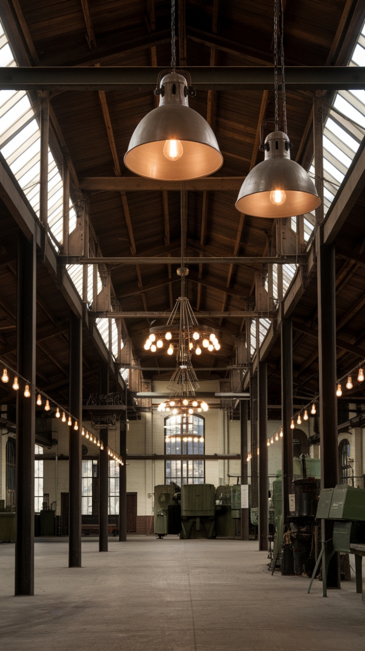 Sunlight streams into this expansive loft, illuminating the polished concrete floor and highlighting the character of vintage machinery artfully integrated into the design. Industrial pendant lights and exposed bulb fixtures add a touch of gritty glamour, while the high ceilings and wooden beams create a sense of airy spaciousness. A captivating blend of raw texture and refined style.