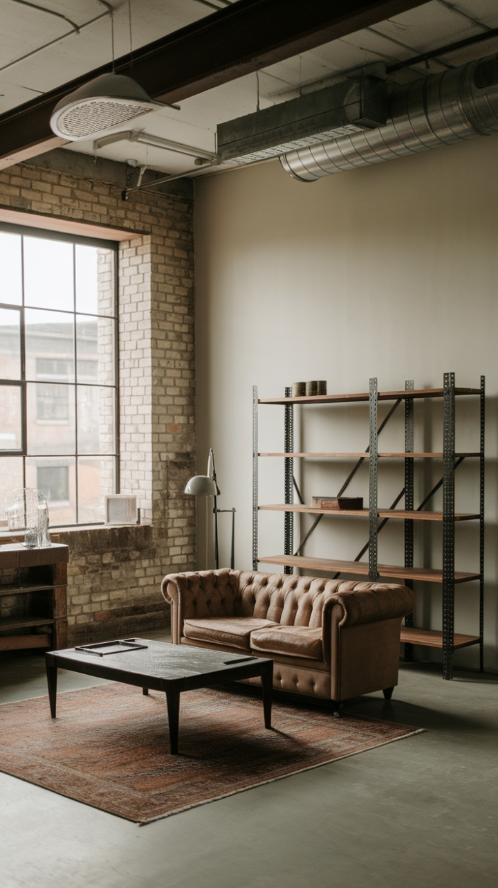 High ceilings and exposed brickwork define this industrial haven, where vintage charm and modern simplicity collide. A curated collection of furniture and carefully chosen metal accents—from the striking light fixture to the sleek shelving—create a space that's both inviting and impeccably stylish. The result? A loft that's as captivating as it is comfortable.