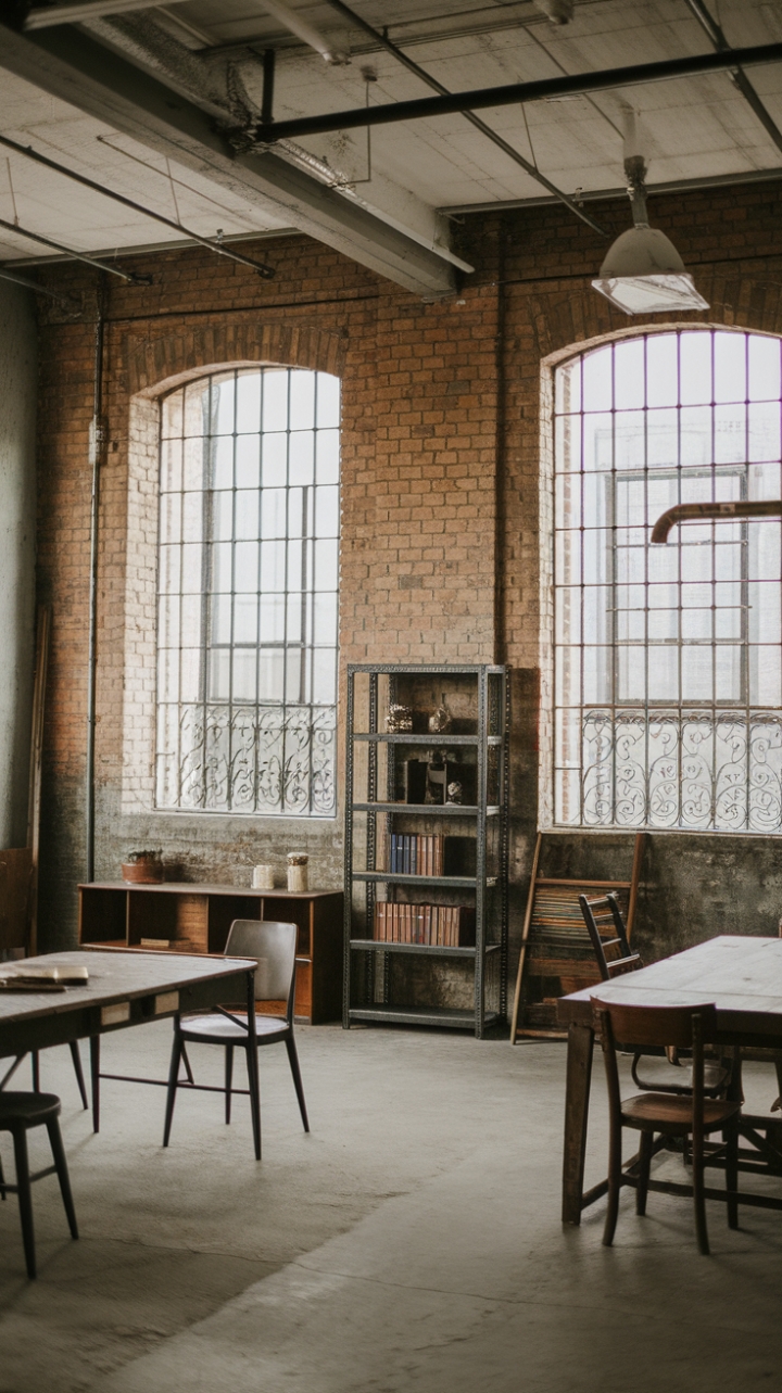 Industrial chic redefined. This loft's high ceilings and exposed brick walls provide a dramatic backdrop for a curated collection of vintage furniture and sleek metal details. The minimalist aesthetic is both striking and inviting, a testament to the power of raw materials and thoughtful design. The large windows, framed by iron bars, bring in abundant natural light, illuminating the space's unique character.