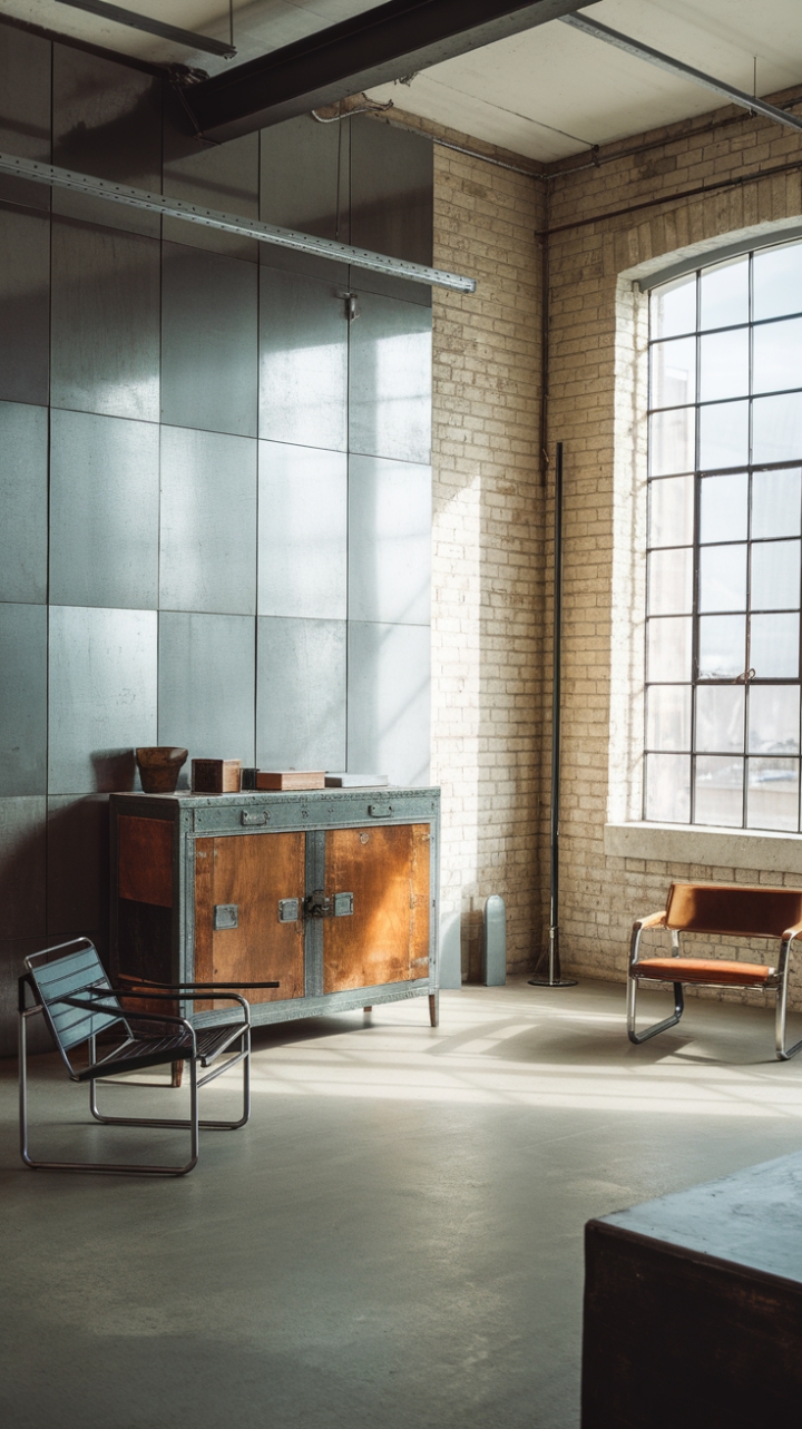 Sun-drenched minimalism meets raw industrial chic in this breathtaking loft. A vintage wooden cabinet, punctuated by gleaming metal accents, anchors the space, its warmth a perfect counterpoint to the exposed brick and concrete floor. The juxtaposition of a classic wooden chair and a sleek modern metal counterpart speaks volumes about the apartment's carefully curated style.