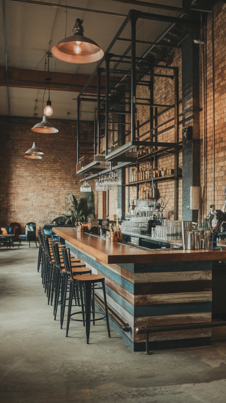 Ready to trade your tired Tuesday for a tipple in this urban oasis? Reclaimed wood, exposed brick, and vintage lighting create a raw, romantic vibe in this industrial-chic bar, perfect for hosting friends or enjoying a quiet nightcap. The concrete floor adds a touch of gritty cool, while the lush greenery softens the space.