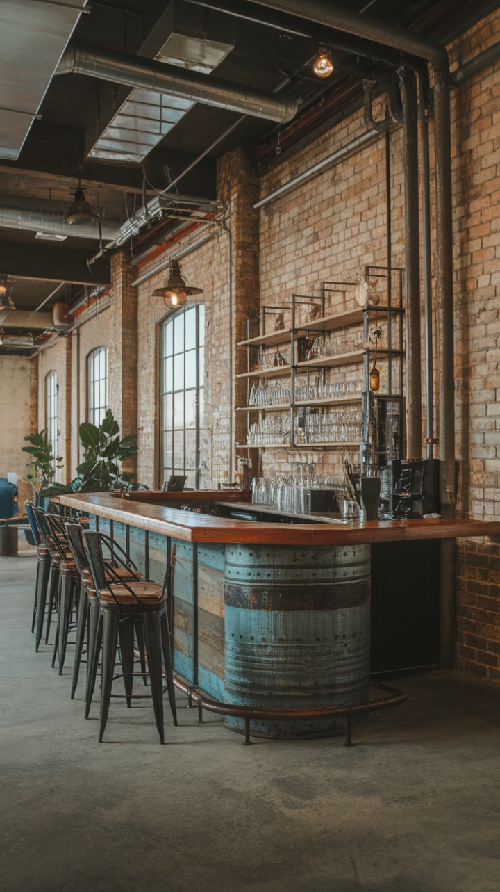 Craving a space that's both stylish and undeniably cool? This loft-style bar is the answer. The reclaimed wood countertop contrasts beautifully with the exposed brick wall, creating a raw, industrial aesthetic. Metal accents and vintage lighting add character, while the concrete floor grounds the design. It's the perfect spot for entertaining, or simply enjoying a quiet drink.