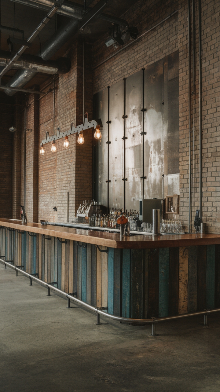 Raw urban grit meets refined industrial chic in this minimalist bar design. Reclaimed wood, exposed brick, and vintage lighting create a space that's both edgy and inviting. The concrete floor and minimalist metal fixtures complete the look, perfect for the modern connoisseur.