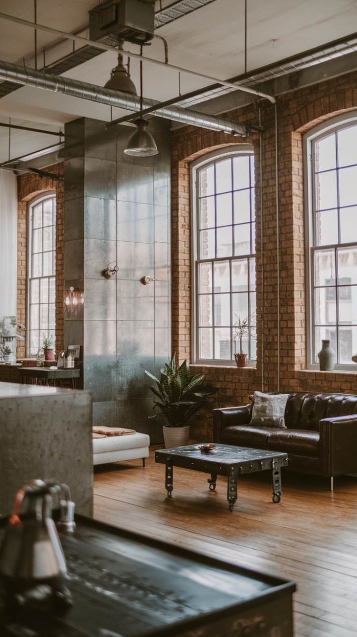Ready to trade cookie-cutter for concrete cool? This urban loft's raw, industrial aesthetic is a masterclass in minimalist modernism. Exposed brick, metal accents, and vintage fixtures create a space that's both edgy and inviting—all anchored by warm wood floors and a touch of greenery.