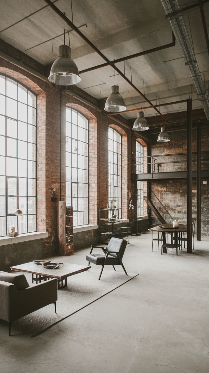 Craving a space that's both edgy and elegant? This industrial loft delivers. High ceilings and expansive windows flood the space with light, highlighting the stunning exposed brick and concrete textures. A carefully chosen mix of vintage and modern furniture pieces adds personality without sacrificing the clean lines that define this style.