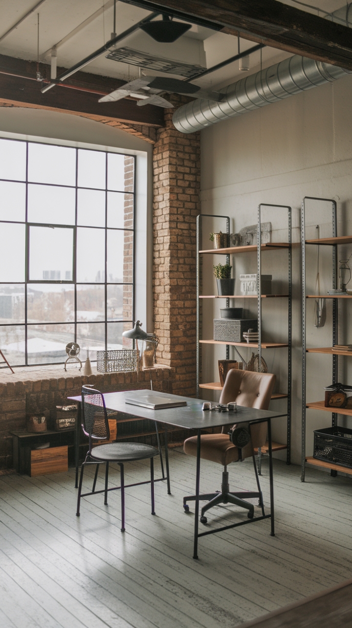 Craving a workspace that's both stylish and inspiring? This loft office boasts a breathtaking city view, high ceilings, and exposed brick walls, creating a dramatic backdrop for a sleek metal desk and chair. Vintage industrial details, like a metal lampshade and a retro fan, add character and warmth to this minimalist sanctuary. Prepare to be productive in style.