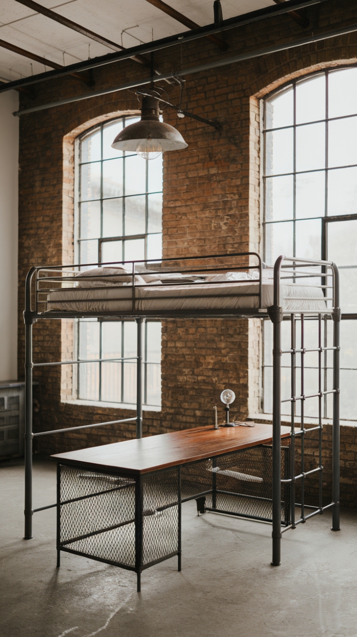 Unleash your inner architect in this raw, urban haven. Exposed brick, soaring ceilings, and a metal loft bed-turned-workspace create an industrial chic sanctuary where creativity thrives. The vintage lighting and concrete floors add a touch of gritty glamour, while the wooden desk top provides a warm, inviting contrast.