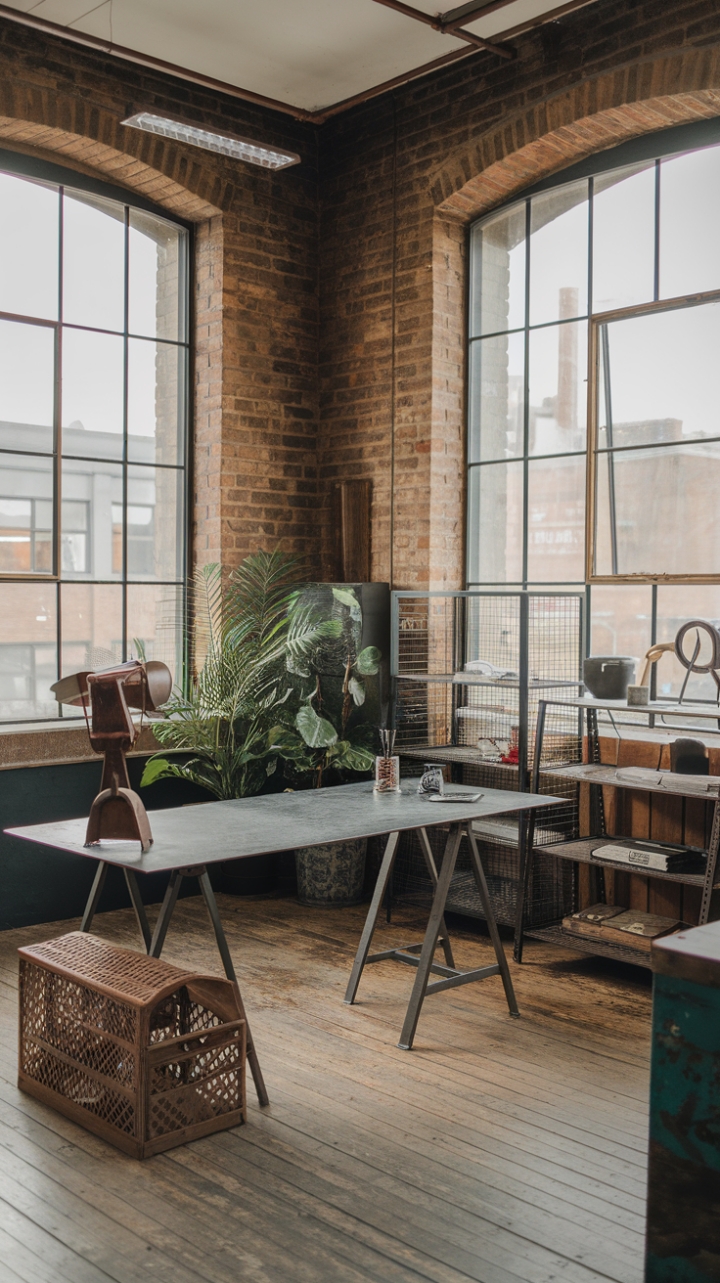 Raw industrial chic meets modern functionality in this breathtaking loft. High ceilings and exposed brick walls provide a dramatic backdrop for a vintage metal desk and thoughtfully curated accessories. The perfect blend of rustic charm and sleek design, this space is an ode to creative energy.
