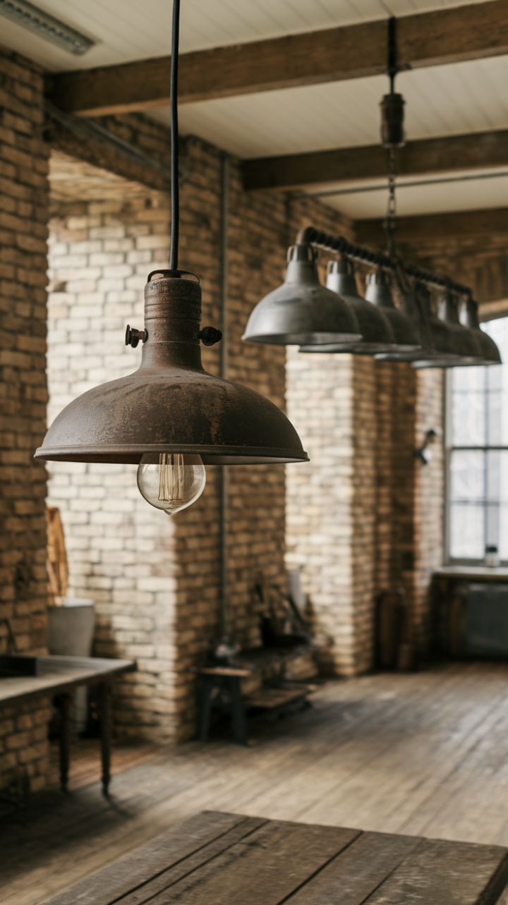 Rustic charm meets industrial edge in this breathtaking farmhouse. Vintage pendant lights cast a warm glow over the reclaimed wood table, their distressed metal accents perfectly complementing the exposed brick walls and wide-plank flooring. A stunning farmhouse chandelier adds a touch of grandeur, completing this captivating blend of textures and styles.