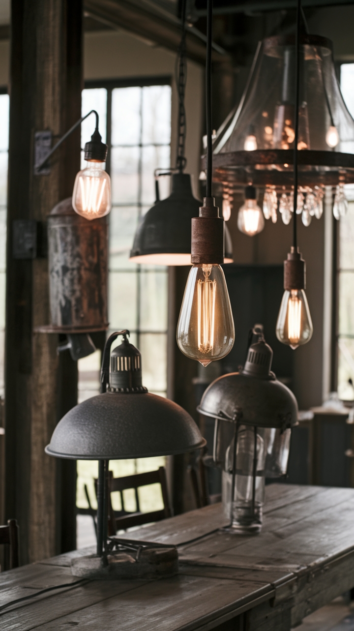 Imagine cozy evenings spent under the soft illumination of vintage pendant lights and a stunning farmhouse chandelier. This rustic-industrial dream home is a testament to the beauty of repurposed materials and the timeless appeal of handcrafted details. The warm ambiance, created by a thoughtful selection of reclaimed metal lamps and distressed metal sconces, invites relaxation and connection.
