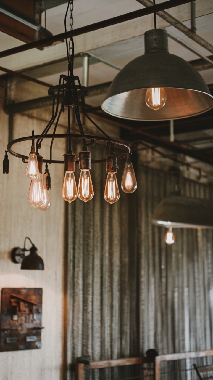 A symphony of light dances in this industrial-chic farmhouse. Antique bulbs in a massive farmhouse chandelier and a rustic barn pendant create a captivating contrast against distressed metal wall sconces, transforming the space into a haven of vintage charm and warehouse-inspired warmth.