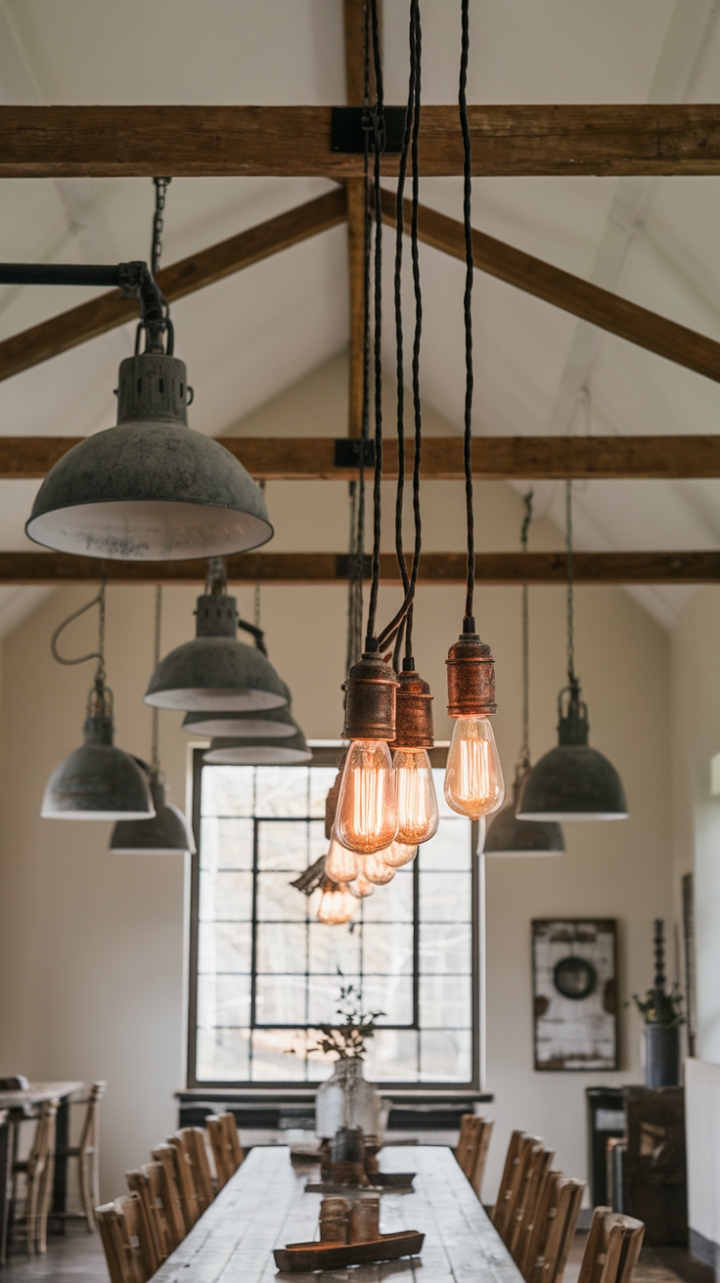 Rustic charm meets industrial edge in this vintage farmhouse dining space. High ceilings, exposed beams, and a symphony of distressed metal sconces and antique pendant lights create a captivating ambiance. The long, rustic wooden table, surrounded by equally weathered chairs, sets the stage for unforgettable gatherings. A gridded window adds a touch of classic farmhouse appeal, completing this perfectly balanced design.