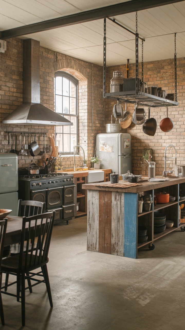 Imagine yourself in this stunning industrial farmhouse kitchen! Exposed brick walls create a dramatic backdrop for a reclaimed wood island, where copper cookware gleams under the light. The concrete floors and industrial-style appliances complete the look, creating a space that's both stylish and incredibly functional, perfect for both casual weeknight dinners and grand celebrations.