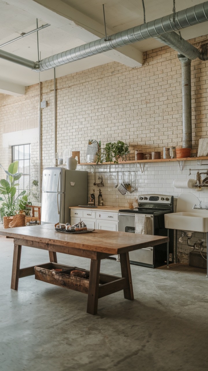 Ready to fall in love with the perfect blend of rustic charm and industrial edge? This open-concept kitchen boasts exposed brick, vintage accents, and a massive wooden table that anchors the space, creating a warm and inviting atmosphere you'll never want to leave.