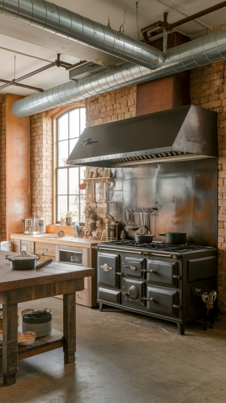 Rustic charm meets industrial edge in this breathtaking open-concept kitchen. A vintage stove takes center stage, its aged patina a testament to culinary adventures past, while exposed brick walls and concrete floors ground the space in raw, authentic beauty. The farmhouse-inspired wooden countertop adds a touch of warmth, creating a harmonious blend of textures and styles.