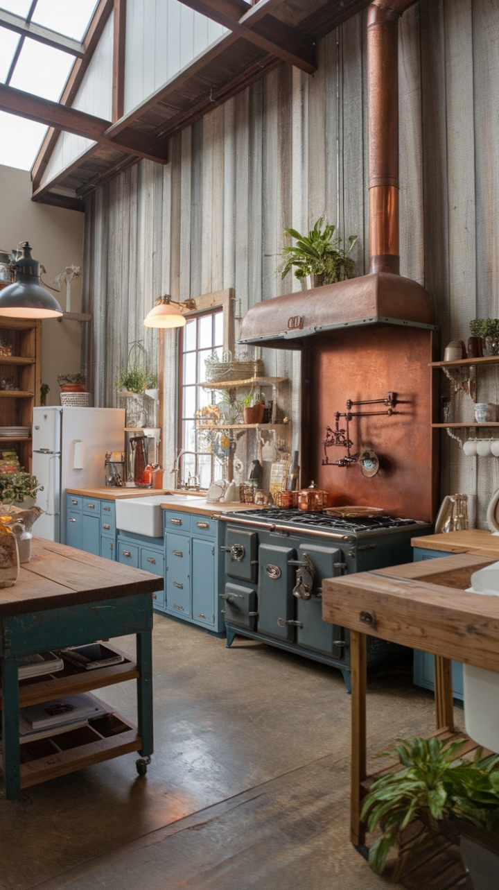 Ready to fall in love with a kitchen that seamlessly blends rustic charm and industrial edge? This space boasts a soaring ceiling, vintage and modern appliances mingling effortlessly, and reclaimed wood countertops whispering tales of time gone by. A copper-accented stove anchors the room, its warmth mirrored in the glow of a vintage light fixture and the lush greenery scattered throughout. The concrete floor and weathered wood walls complete the look, creating a kitchen that's both strikingly beautiful and undeniably inviting.