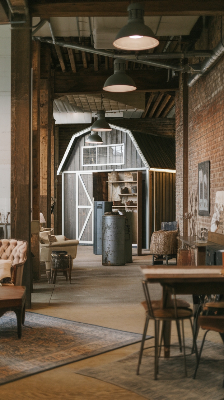 Imagine cozy evenings spent in this stunning space, where the raw beauty of reclaimed wood meets the sleek sophistication of industrial design. Vintage furniture pieces add character and warmth, creating a truly unique and inviting farmhouse aesthetic against the backdrop of exposed brick and a charming barn structure.