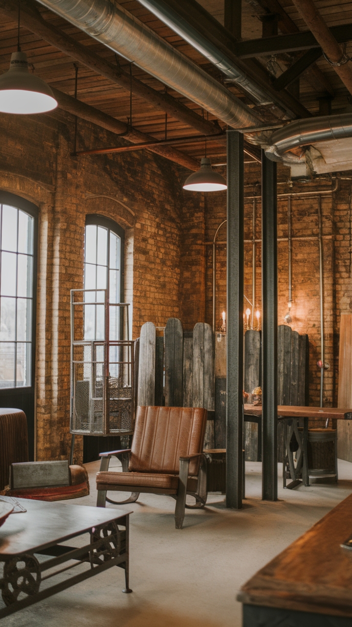 Rustic charm meets industrial edge in this vintage farmhouse haven. Exposed brick, reclaimed wood, and vintage furniture pieces create a warm and inviting ambiance under soaring ceilings. The barn-inspired design is punctuated by industrial lighting, a perfect blend of textures and styles.