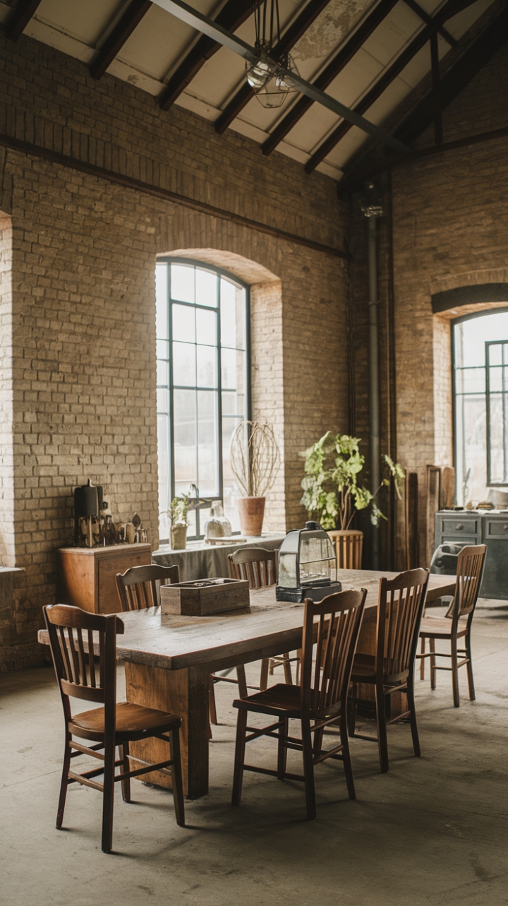 Imagine cozy evenings spent in this breathtaking barn-inspired haven. Vintage finds mingle seamlessly with industrial lighting, creating a unique blend of textures and styles. The high ceilings and exposed brick walls add a touch of raw, authentic beauty, while the large wooden table anchors the space with rustic elegance.